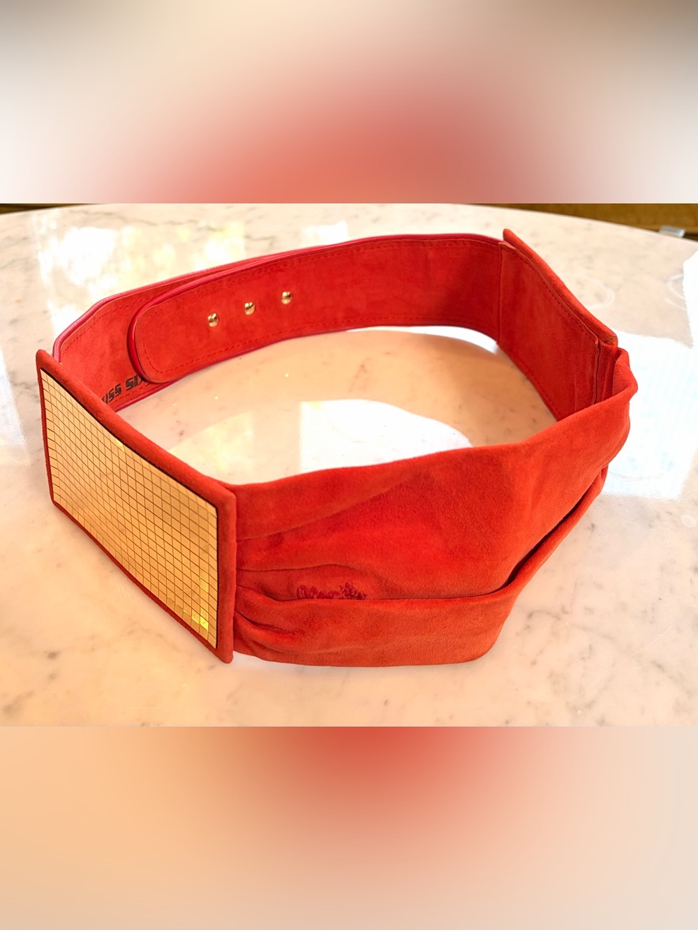 Miss Sixty VTG suede cummerbund belt, disco panels, peg/hole, 4”w, 31-34”, red - Picture 12 of 15